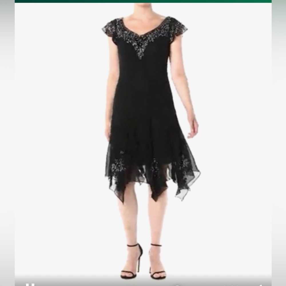 Flutter Sleeve Hanky Hem Short Cocktail Beaded Dress